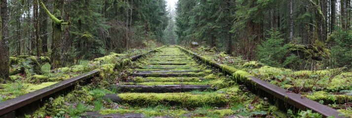 Old abandoned railway tracks overgrown with green moss and grass in a mysterious forest landscape