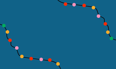 Fototapeta premium Colorful Festive Christmas Lights Garland with Round Bulbs Abstract Flat Design Illustration on Dark Blue Background.