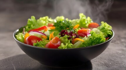 A close up view of a steaming bowl filled with a vibrant colorful and fresh salad made from mixed greens and assorted vegetables
