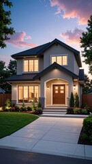 Modern suburban home exterior at dusk with warm interior lighting contrasting the cool evening sky.