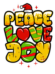 Christmas Graffiti Typography Peace Love Joy with Santa Hat and Holiday Patterns