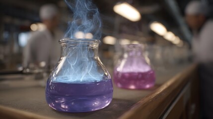 Blue and purple liquids react with glowing smoke in laboratory flasks