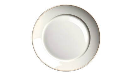 A close-up, top-down view of an empty, off-white, porcelain plate with a subtly gilded rim, set against a transparent black background