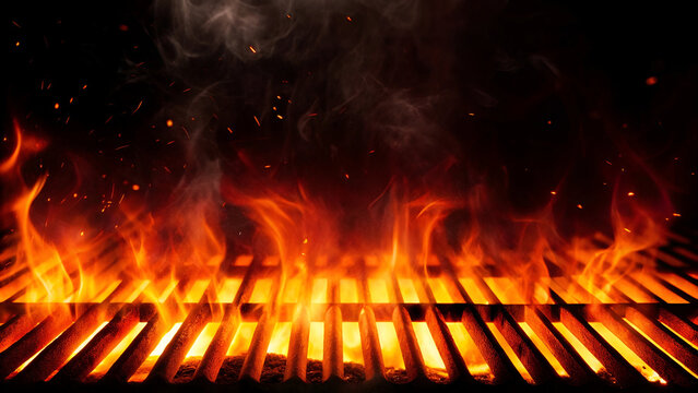 Barbecue Grill Flames Intense Fire Smoke Charcoal Empty Top View Dark Background