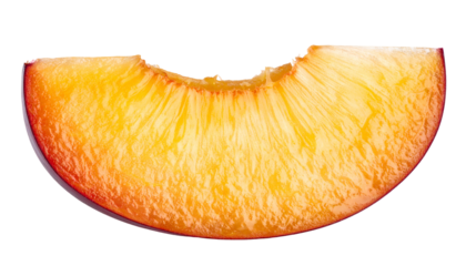 A close-up view presents a juicy, crescent-shaped slice of a ripe fruit with a gradient of colors from red to gold. The smooth surface glows