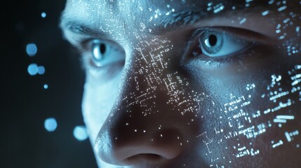 A male futuristic human face vividly displaying intricate cyber data, featuring piercing blue eyes and an array of digital code projections that symbolize a hightech landscape and advanced technology