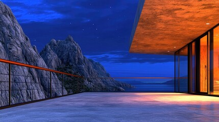 Modern cliffside villa overlooking serene ocean at dusk