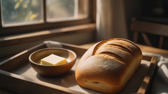 Freshly baked bread and butter on a wooden tray near a window with natural light