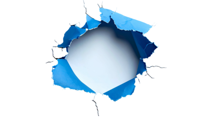 A close-up shows a torn circle revealing a light-filled space. The edges of the tear are blue paper, creating depth and a graphic effect