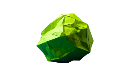 A crumpled, geometric shape, rendered with varying shades of green, emerges against a stark black background. It appears to be made of paper