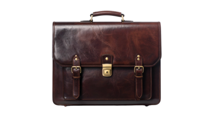 A close-up studio shot presents a detailed view of a vintage brown leather satchel with brass hardware