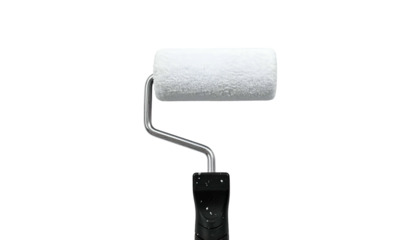 A close-up studio shot shows a paint roller with a white nap and a black handle against a stark black background