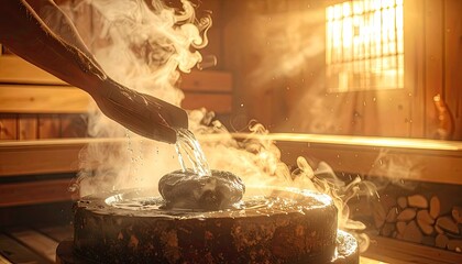 A hand pours water onto hot sauna stones to create steam.