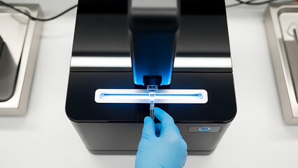 Gloved hand placing sample into advanced laboratory instrument, blue light highlights active scientific analysis and data collection for vital research