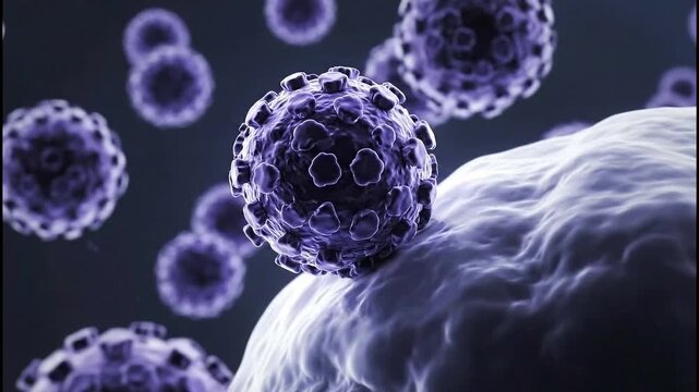 Virus particles invading a cell in a microscopic view