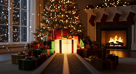Cozy Christmas scene with a decorated tree, fireplace, stockings, and many gifts.