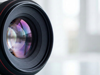 Professional camera lens close-up with vibrant optical reflections, symbolizing photography technology, precision, and focus.