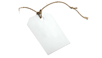 A close-up view presents a blank white tag, rectangular in shape, suspended by a textured brown twine string against black background