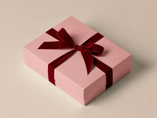 Obraz premium Elegant pink gift box with a luxurious deep red velvet ribbon bow sits against a soft neutral background