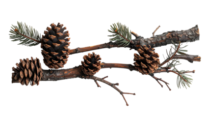 A close-up view presents a sprig with multiple pinecones, showcasing textures and details against a stark background