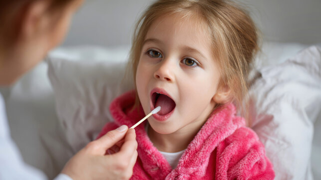 Girl sits in bed during a throat examination. Doctor uses a stick to check her tonsils while she wears bright pajamas at home