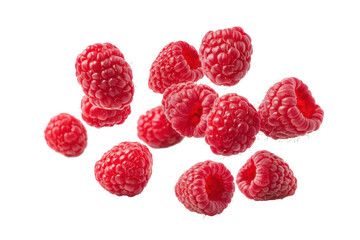 falling raspberries isolated on white or transparent png