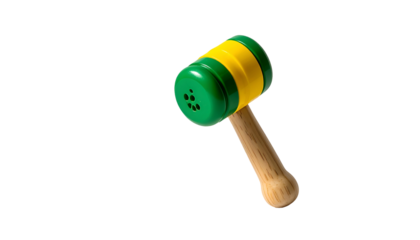 A colorful toy hammer featuring a cylindrical head with green and yellow accents and a wooden handle. It floats on a black backdrop