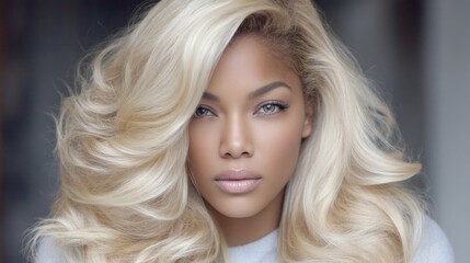 Fototapeta premium A striking figure exudes elegance with luxurious, voluminous blonde hair and flawless skin. The soft light accentuates the subtle beauty, creating a serene atmosphere that draws attention