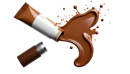 A creative illustration featuring a tube of brown liquid being squeezed onto a surface, creating a dynamic splash effect. A cap sits below