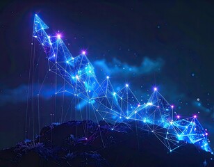 Digital arrow graph charting ascent over a dark, abstract landscape at night.