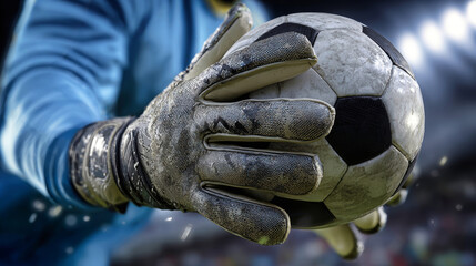 A soccer goalkeeper catches a ball with focused hands and gloves against a blurred background, showing the action of play in a match setting