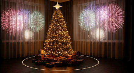 A beautifully decorated Christmas tree with presents underneath, set against a backdrop of fireworks displayed through windows.