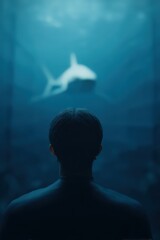 Underwater shot of diver and shark staring at each other, Shark Cage Diving