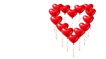 Red Heart Foil Balloons Heart Frame Cluster with Curly Ribbons, Valentine Decoration Isolated on Transparent Background PNG