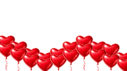 Red Heart Foil Balloons Bottom Border Banner with Ribbons, Valentine Party Decoration, Copy Space, Isolated PNG Transparent Background