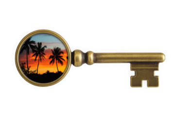 A beautiful antique key with a circular bow framing a stunning tropical sunset with palm trees isolated on transparent background