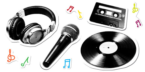 Retro halftone pop art music stickers featuring headphones, microphone, vinyl record and cassette tape. Vector illustration set with audio equipment and musical notes for music, DJ. © Vladislav