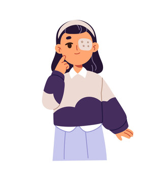 Cute kid with lazy eye pointing with finger. Happy child with amblyopia patch hand gesturing. Little girl with strabismus, vision disease, seeing problems. Flat isolated vector illustration on white