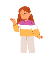 Happy kid with hearing aid is greeting. Cute deaf little girl is waving. Friendly child with disability, ears disease welcomes with hand gesture. Flat isolated vector illustration on white background