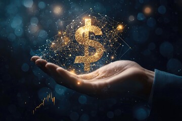 Hand holding dollar sign with glowing golden graph and digital network on dark background for financial growth concept
