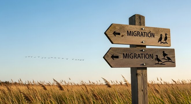 Bird trail signs stand in a golden field, pointing towards a flock of birds in V-formation, embodying the seasonal migration concept