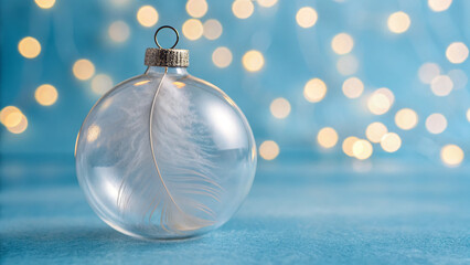 Decorative glass ornament with feather inside placed on blue surface near soft glowing lights