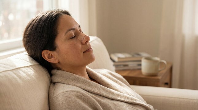 A peaceful woman with a bandage on her nose after surgery resting comfortably on a sofa at home, recovering in soft natural light.