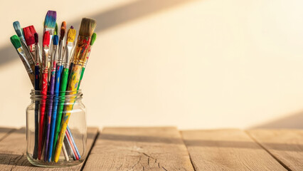 Colorful paintbrushes in a glass jar on a wooden table with warm light