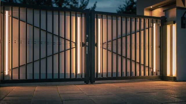 Warm modern entrance gate lighting, centered dolly-in shot of a contemporary security gate with vertical glowing light bars and a modern architectural design.