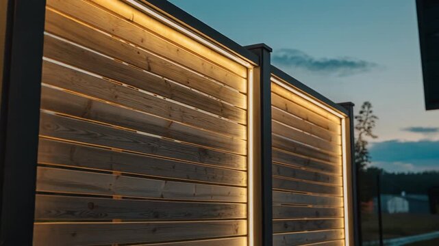 Warm modern fence LED lighting, cinematic dolly-in on a sleek wooden privacy fence featuring built-in linear light strips with a soft golden glow at dusk.