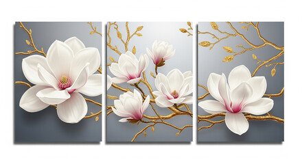 Elegant 3D floral art featuring white magnolia flowers and golden branches on a grey background.