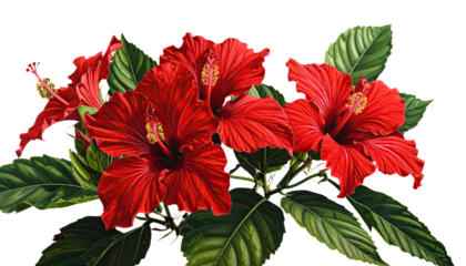 Vivid red blooms of hibiscus, green leaves, digital illustration