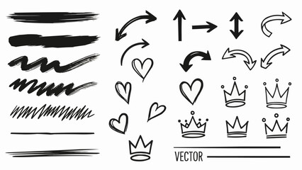 Collection of Hand Drawn Doodle Elements Including Arrows Hearts and Crowns.