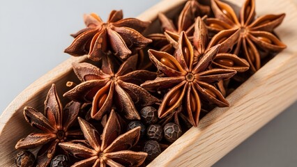 Close-up of aromatic star anise pods and peppercorns in a wooden scoop for culinary use